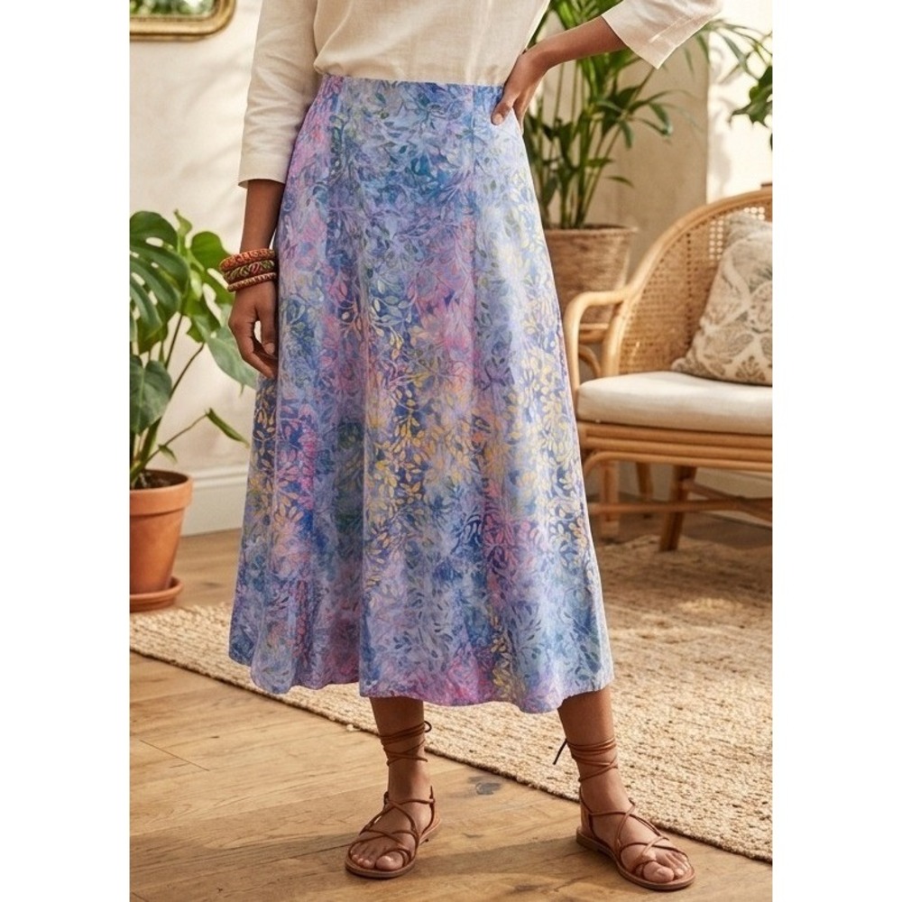 Very Vineyard Martha's Vineyard Batik Skirt Blue Floral Pockets Size M Cottage